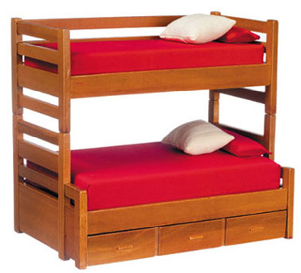 AZTEC - 1" Scale Bunk Bed with Trundle Walnut Dollhouse Miniature (T6161)