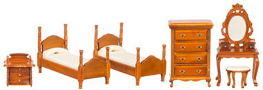 AZTEC - 1 Inch Scale Dollhouse Miniature Bedroom Furniture - Twin Bedroom Set Walnut 6 pcs (AZT6669) 717425566690