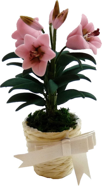 BRIGHT DELIGHTS 1" Scale Dollhouse Miniature Pink Easter Lily in Basket With Bow - Plants and Flowers A1011