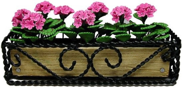 BRIGHT DELIGHTS 1" Scale Dollhouse Miniature Pink Geraniums In Braided Iron - Plants and Flowers AI482
