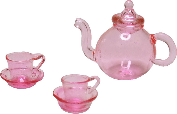 BRIGHT DELIGHTS 1" Scale Dollhouse Miniature Pink Glass Teapot With 2 Saucers/Cups HB170