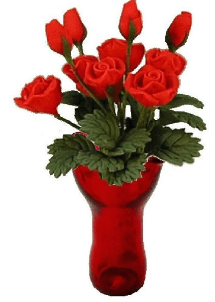 BRIGHT DELIGHTS 1" Scale Dollhouse Miniature 12 Red Roses in Red Ruffled Vase - Plants and Flowers R231