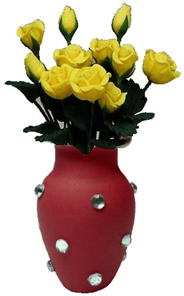 BRIGHT DELIGHTS 1" Scale Dollhouse Miniature 12 Yellow Roses in Red Jeweled Vase - Plants and Flowers R317