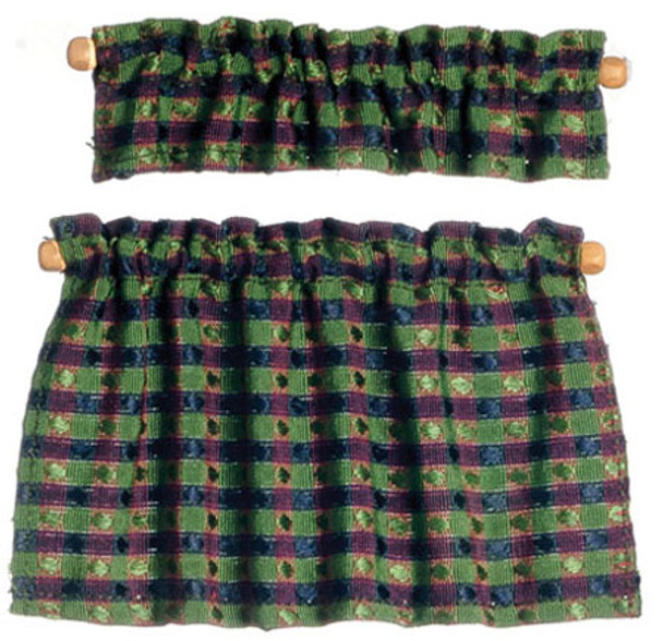 BARBARA OBRIEN - 1" Scale Cafe Curtains: Green with Blue Dollhouse Miniature (70029)