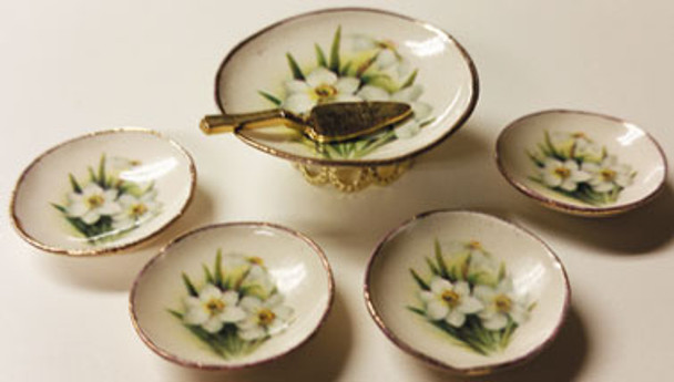 BY BARB - 1" Scale Cake Plate with 4 Dessert Plates White Lilly Dollhouse Miniature (CER170WL) BY BARB - 1" Scale Cake Plate with 4 Dessert Plates White Lilly Dollhouse Miniature (CER170WL)