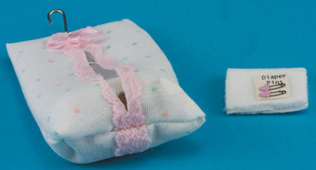 BY BARB - 1" Scale Dollhouse Miniature - Diaper Bag Set-White Pastel Dots (MAX4-1)