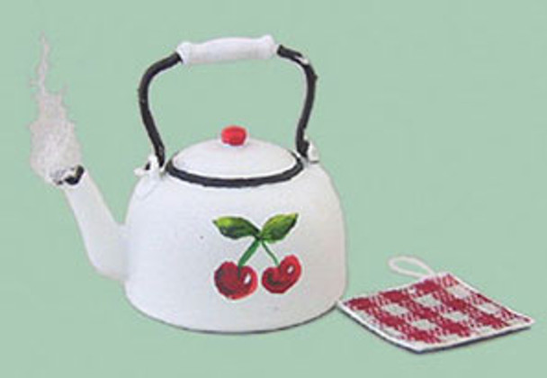 CARRUDUS - 1 Inch Scale Dollhouse Miniature - Teakettle With Cherries And Potholder (CAR1552)