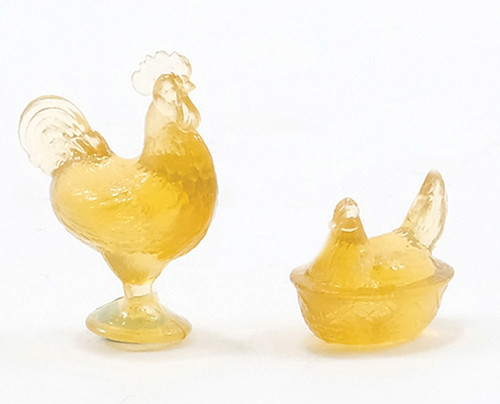 CHRYSNBON - 1 Inch Scale Dollhouse Miniature - Rooster Hen Candy Dishes Amber (CB152A) 749939401822