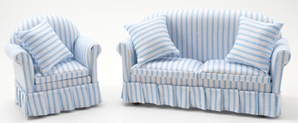 CLASSICS - 1" Scale Sofa and Chair Set Blue and White Stripe Dollhouse Miniature (91707)