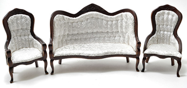 CLASSICS - 1" Scale Victorian Sofa and Chair Set 3 Piece Walnut White Brocade Fabric Dollhouse Miniature (91713)