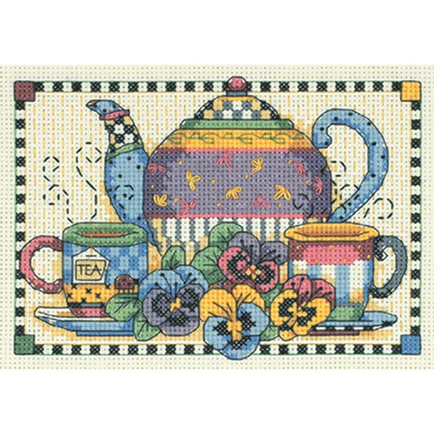 DIMENSIONS - Teatime Pansies Mini Counted Cross Stitch Kit-7"X5" 14 count (6877) 088677068776
