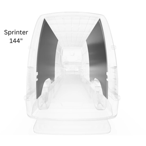 Rear view of translucent Sprinter 144" van with black wall liners installed inside