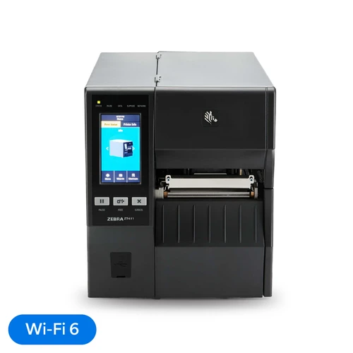 Zebra ZT411 Industrial RFID Printer front view with touchscreen display