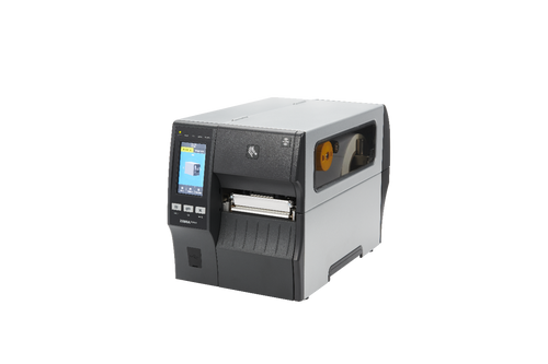 Zebra ZT411 Industrial Barcode Printer front view with metal frame and color touchscreen display