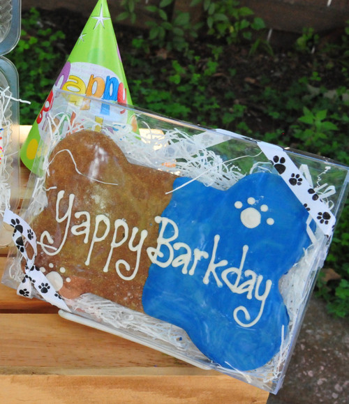 Yappy barkday bone cookie is covered in blue frosting.