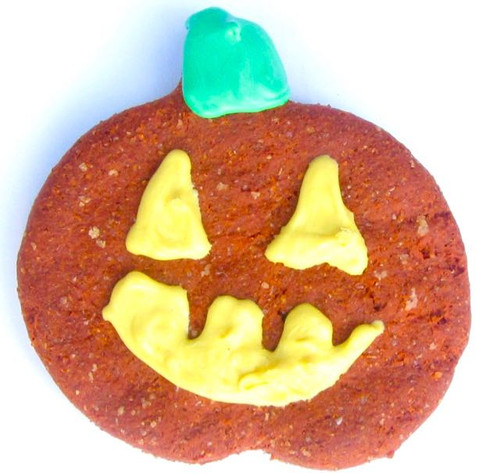 Each pumpkin is peanut butter flavored.  The dough is orange and the frosting is yellow and green yogurt.
