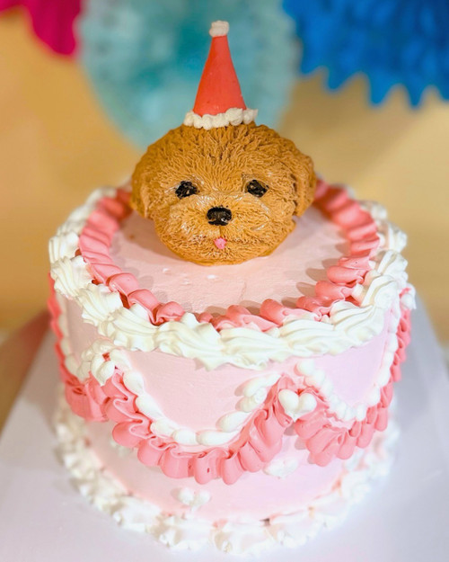 Lambeth carob brownie dog cake with marshmallow icing and realistic fondant dog head topper by Taj Ma-Hound