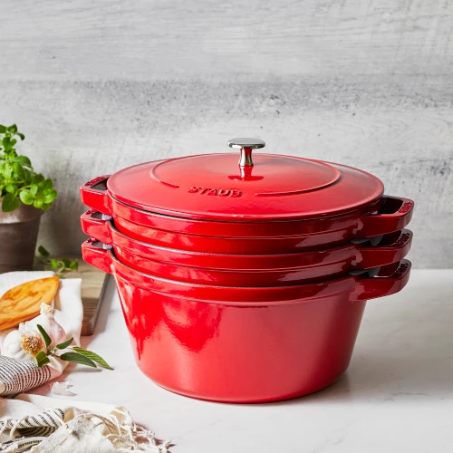 Stackable 3pc Cocotte + Braiser + Pan+ Lid 24cm, Cherry Red