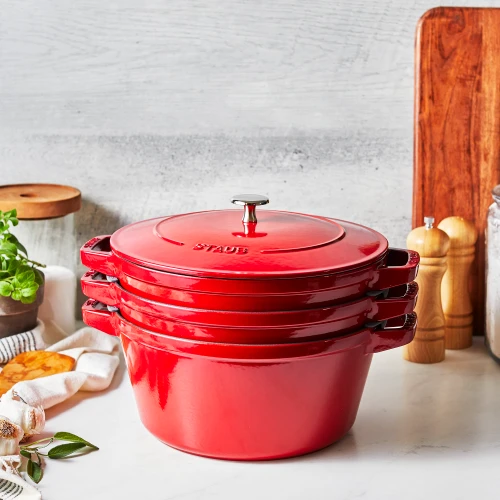 Stackable 3pc Cocotte + Braiser + Pan+ Lid 24cm, Cherry Red