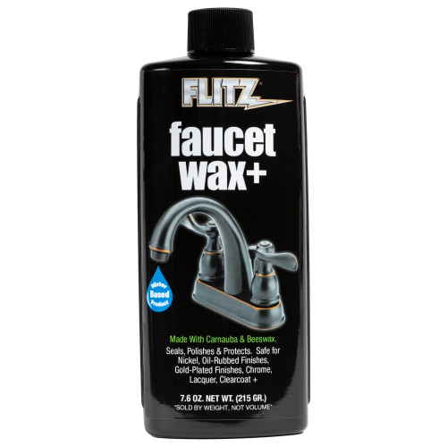 A 7.6oz black bottle of Faucet Wax Plus