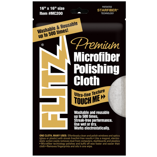 The front packaging design for the Flitz Microfiber Polishing Cloth.