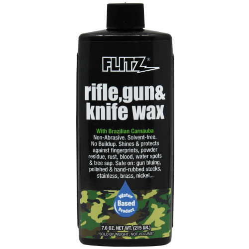 A black bottle with a cap is shown, containing Flitz Rifle, Gun & Knife Wax and displaying the name of the product.