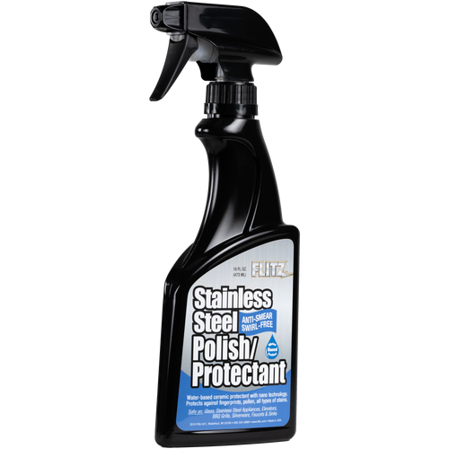 A 16 oz spray bottle of Flitz Stainless Steel Polish & Protectant.