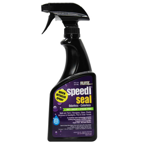 A black spray bottle of Flitz Speedi Seal protectant is shown with a trigger spray handle.