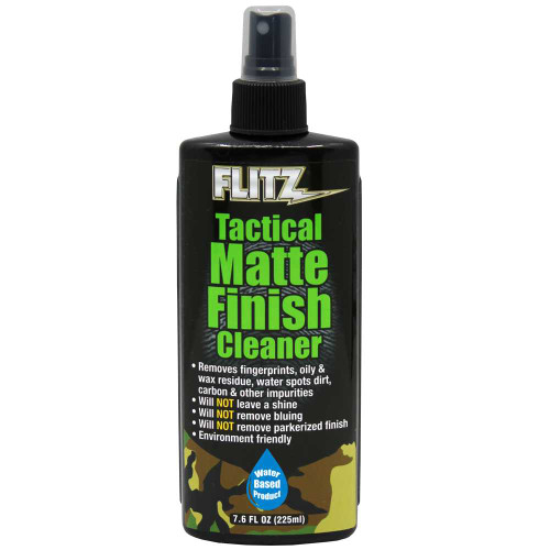 A black bottle of Flitz Tactical Matte Finish Cleaner is shown from the front view. The bottle shows the logo and name of the product.