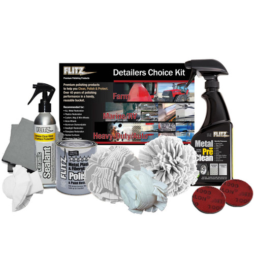 All products in the Flitz Professional Detailers Kit are shown together in front of the box; products include Ceramic Sealant, Metal Pre Clean, and Flitz Paste Metal Polish, along with car detail tools.