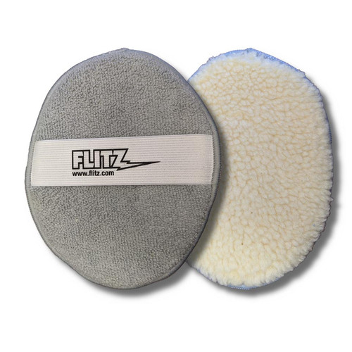 An oval-shaped, dual sided buffer, with two microfiber surfaces and an elastic band to hold the applicator to your hand.