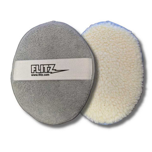 An oval-shaped, dual sided buffer, with two microfiber surfaces and an elastic band to hold the applicator to your hand.