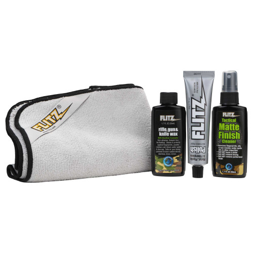 Flitz tactical gun care kit containing rifle, gun & knife wax, metal and fiberglass polish, tactical matte finish cleaner, and a microfiber applicator pad