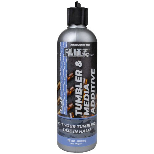 Flitz Tumbler Media Additive helps to shine brass; shown in the 16 oz black bottle.