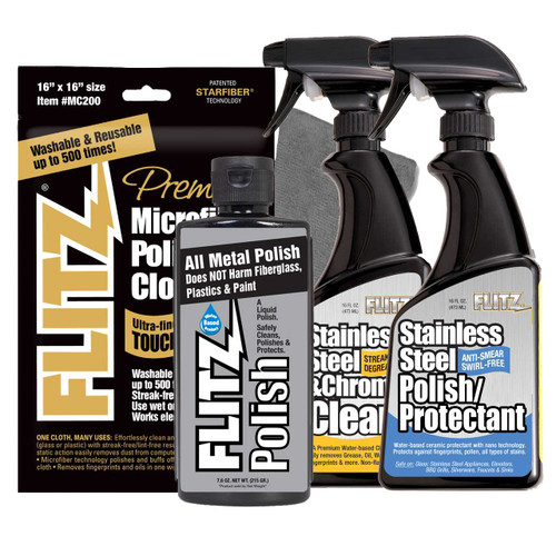 Flitz Stainless Steel Appliance Kit with three surface care products and two microfiber cloths