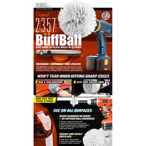 The Flitz BuffBall product information sheet with an image of the original BuffBall and product specs, usage, and safety information/