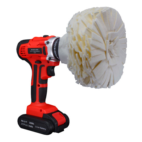 Flitz 5 inch BuffBall attached to a power drill.