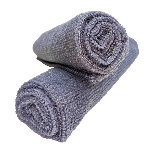 Two grey Flitz microfiber cloths are shown rolled and stacked together; the unique microfiber towels are ideal for cleaning.