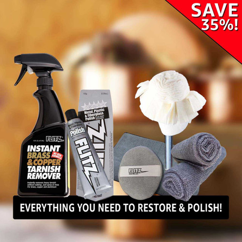 A product layout of the Flitz Brass & Copper Restoration Kit shows all the included products. A red banner reads, “Save 35%,” and a black bar reads, “Everything you need to restore and polish.”