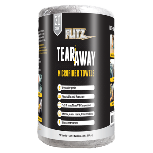 Flitz Tear Away Microfiber Towels – 30-count roll of reusable, hypoallergenic towels for auto, marine, home & industrial cleaning.