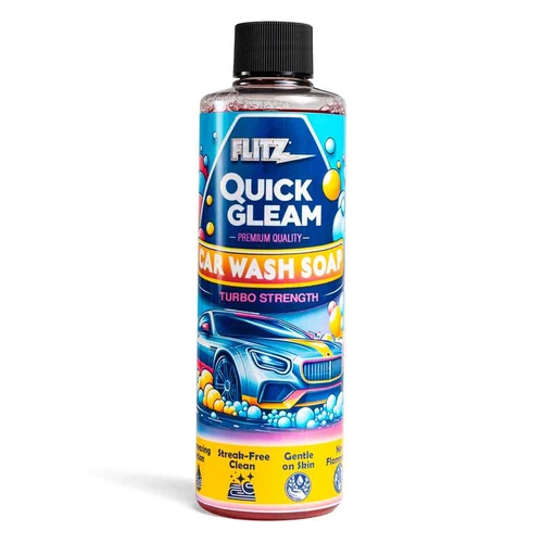 A bottle of Flitz Car Wash Soap is shown against a white background. The bottle has a colorful label and a black cap.