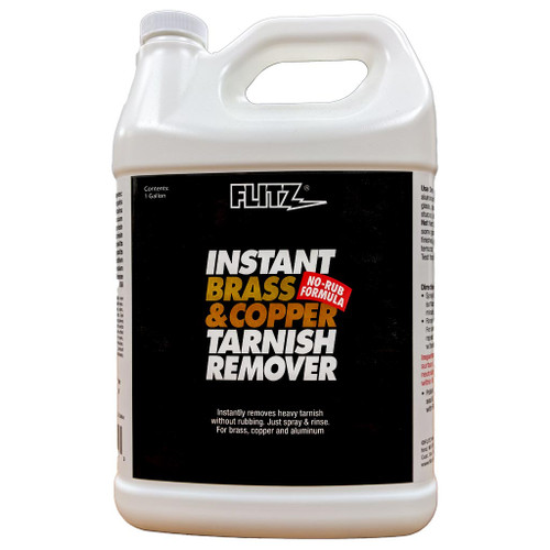 Flitz Brass & Copper Tarnish Remover in a while gallon container with handle and pour spout.