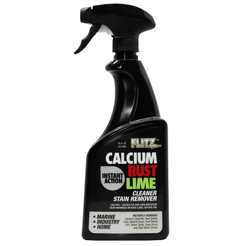A 16 oz bottle of Flitz Calcium Rust Lime Remover in a black spray bottle with a front product label sticker.