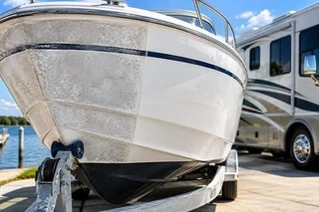 Oxidized and restored fiberglass boat with RV in background