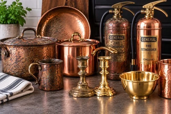 Tarnished and polished brass and copper cookware and fire extinguishers