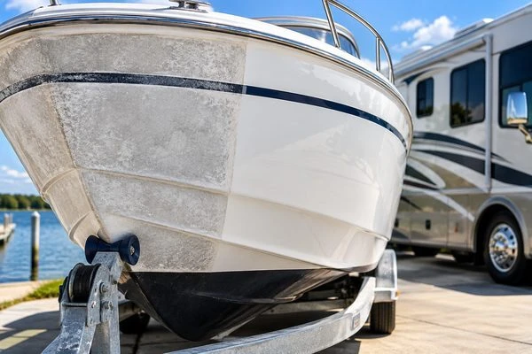 Oxidized and restored fiberglass boat with RV in background
