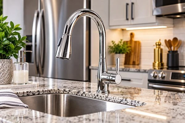 Polished chrome faucet, stone countertop and stainless steel kitchen appliances