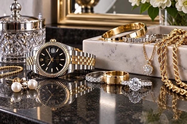 Polished gold and silver jewelry with luxury two-tone watch