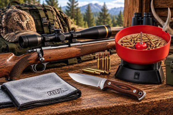 Hunting rifle, knife, brass tumbler and Flitz microfiber polishing cloth