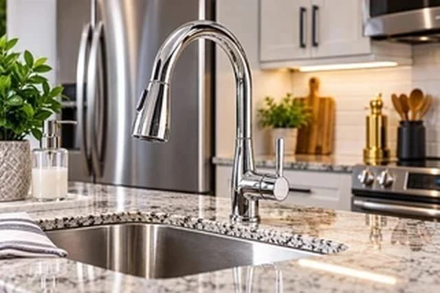 Polished chrome faucet, stone countertop and stainless steel kitchen appliances